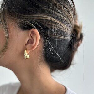 14K Gold Plated 925 Sterling Silver Post Teardrop Chunky Hoop Earrings